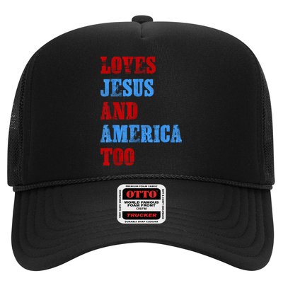 Retro Loves Jesus and America Too God Christian 4th of July Trucker Hat