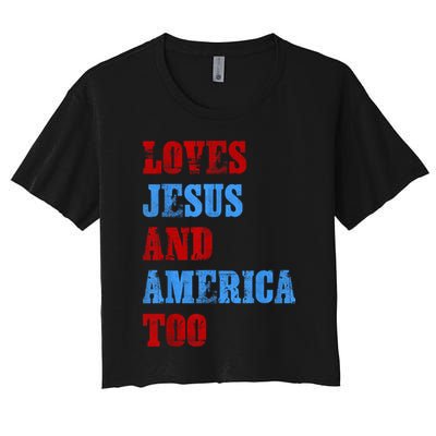 Retro Loves Jesus and America Too God Christian 4th of July Crop Top