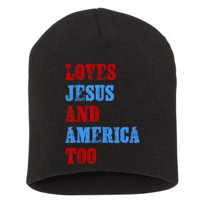 Retro Loves Jesus and America Too God Christian 4th of July Short Acrylic Beanie