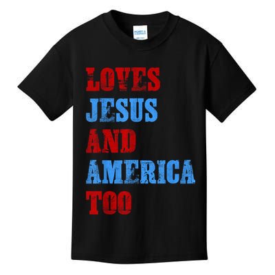 Retro Loves Jesus and America Too God Christian 4th of July Kids T-Shirt