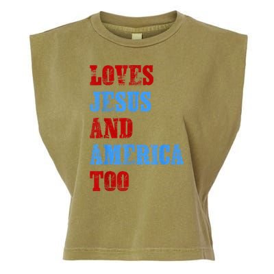 Retro Loves Jesus and America Too God Christian 4th of July Garment-Dyed Women's Muscle Tee