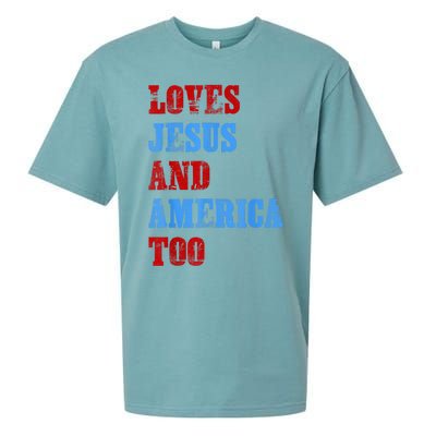 Retro Loves Jesus and America Too God Christian 4th of July Sueded Cloud Jersey T-Shirt