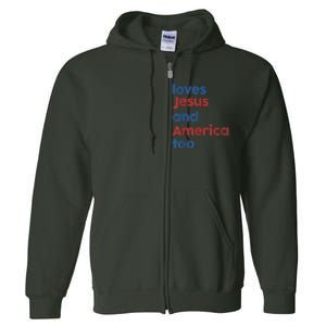 Retro Loves Jesus and America Too 4th Of July Gifts  Full Zip Hoodie