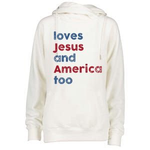 Retro Loves Jesus and America Too God Christian 4th of July Womens Funnel Neck Pullover Hood