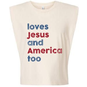 Retro Loves Jesus and America Too God Christian 4th of July Garment-Dyed Women's Muscle Tee