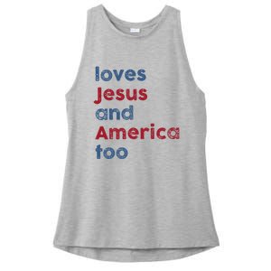 Retro Loves Jesus and America Too God Christian 4th of July Ladies PosiCharge Tri-Blend Wicking Tank