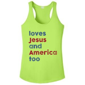 Retro Loves Jesus and America Too God Christian 4th of July Ladies PosiCharge Competitor Racerback Tank