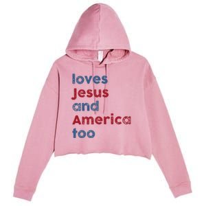 Retro Loves Jesus and America Too God Christian 4th of July Crop Fleece Hoodie