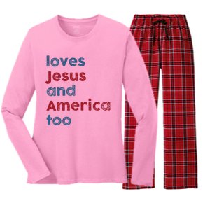 Retro Loves Jesus and America Too God Christian 4th of July Women's Long Sleeve Flannel Pajama Set 