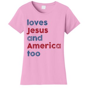 Retro Loves Jesus and America Too God Christian 4th of July Women's T-Shirt