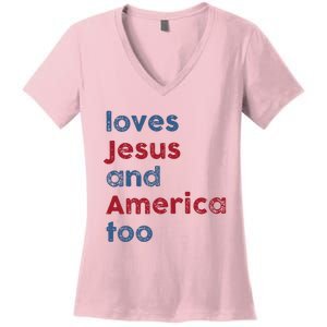 Retro Loves Jesus and America Too God Christian 4th of July Women's V-Neck T-Shirt