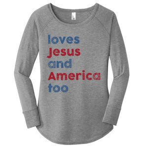 Retro Loves Jesus and America Too God Christian 4th of July Women's Perfect Tri Tunic Long Sleeve Shirt