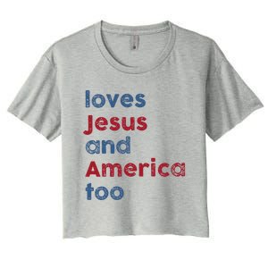 Retro Loves Jesus and America Too God Christian 4th of July Women's Crop Top Tee