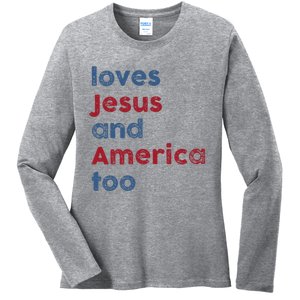 Retro Loves Jesus and America Too God Christian 4th of July Ladies Long Sleeve Shirt