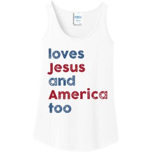 Retro Loves Jesus and America Too God Christian 4th of July Ladies Essential Tank