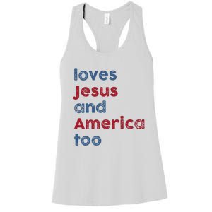 Retro Loves Jesus and America Too God Christian 4th of July Women's Racerback Tank