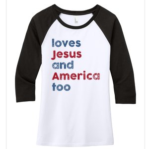 Retro Loves Jesus and America Too God Christian 4th of July Women's Tri-Blend 3/4-Sleeve Raglan Shirt