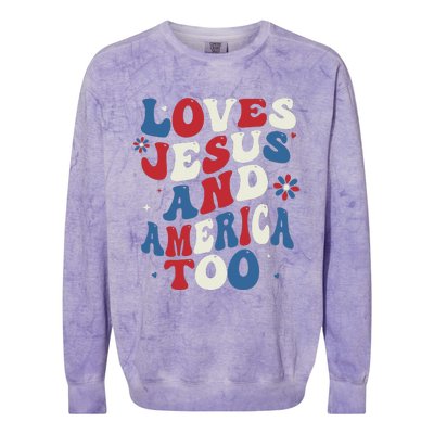 Retro Loves Jesus And America Too God Christian 4th Of July Colorblast Crewneck Sweatshirt