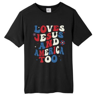 Retro Loves Jesus And America Too God Christian 4th Of July Tall Fusion ChromaSoft Performance T-Shirt