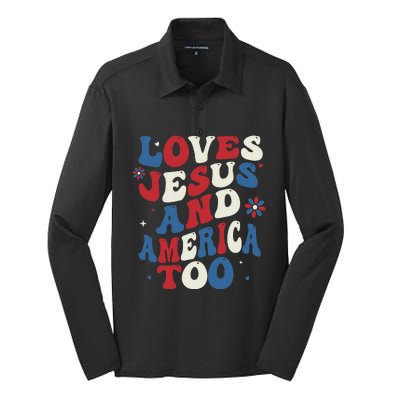 Retro Loves Jesus And America Too God Christian 4th Of July Silk Touch Performance Long Sleeve Polo