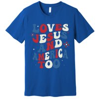 Retro Loves Jesus And America Too God Christian 4th Of July Premium T-Shirt