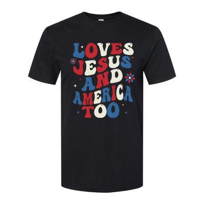 Retro Loves Jesus And America Too God Christian 4th Of July Softstyle CVC T-Shirt