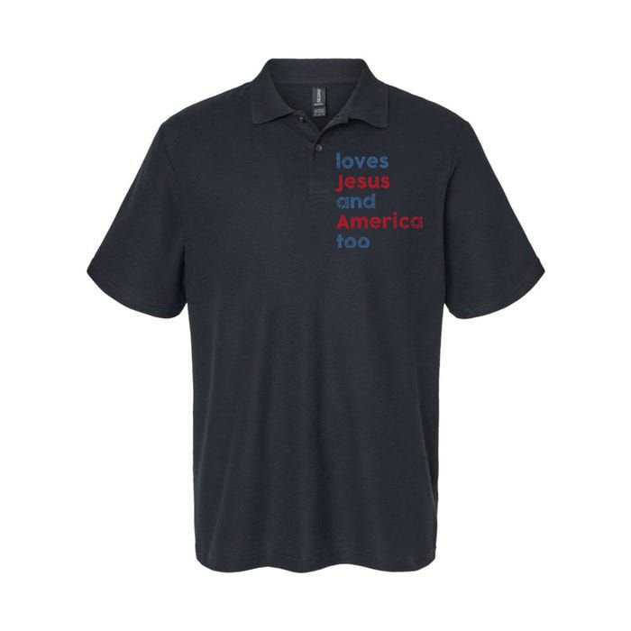 Retro Loves Jesus and America Too God Christian 4th of July Softstyle Adult Sport Polo