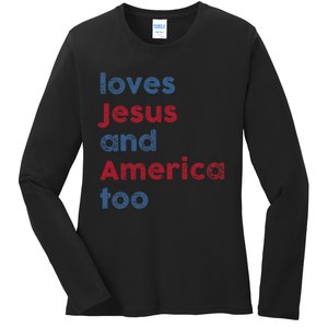 Retro Loves Jesus and America Too God Christian 4th of July Ladies Long Sleeve Shirt