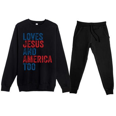 Retro Loves Jesus And America Too God Christian 4th Of July Premium Crewneck Sweatsuit Set