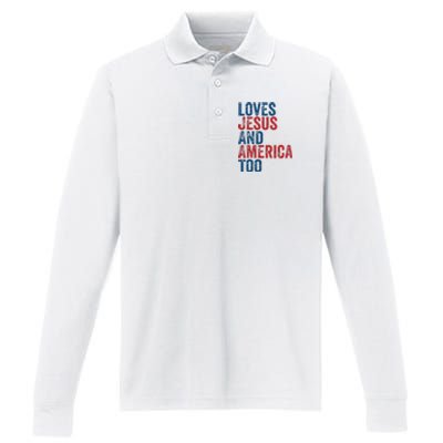 Retro Loves Jesus And America Too God Christian 4th Of July Performance Long Sleeve Polo