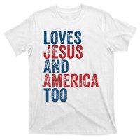 Retro Loves Jesus And America Too God Christian 4th Of July T-Shirt