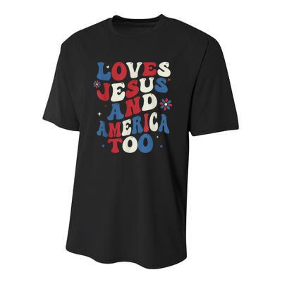 Retro Loves Jesus and America Too God Christian 4th of July Youth Performance Sprint T-Shirt