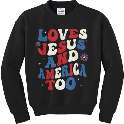 Retro Loves Jesus and America Too God Christian 4th of July Kids Sweatshirt