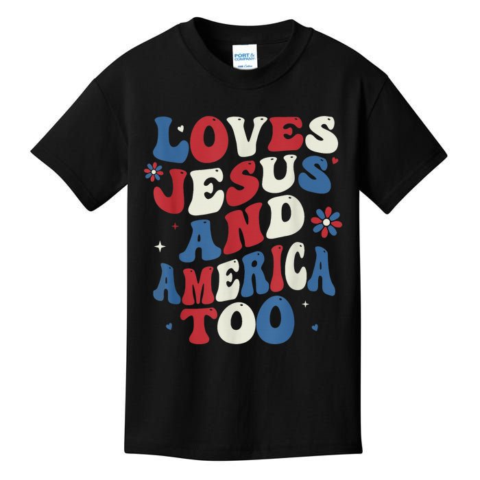 Retro Loves Jesus and America Too God Christian 4th of July Kids T-Shirt