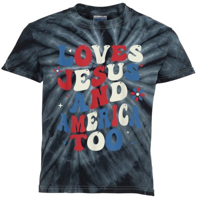 Retro Loves Jesus and America Too God Christian 4th of July Kids Tie-Dye T-Shirt