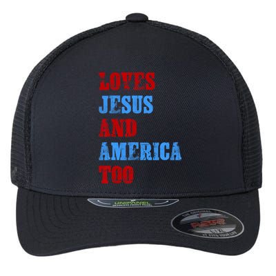 Retro Loves Jesus And America Too God Christian 4th Of July Flexfit Unipanel Trucker Cap