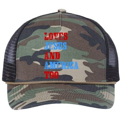 Retro Loves Jesus And America Too God Christian 4th Of July Retro Rope Trucker Hat Cap