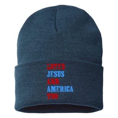 Retro Loves Jesus And America Too God Christian 4th Of July Sustainable Knit Beanie