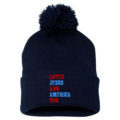 Retro Loves Jesus And America Too God Christian 4th Of July Pom Pom 12in Knit Beanie