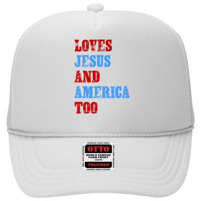 Retro Loves Jesus And America Too God Christian 4th Of July High Crown Mesh Back Trucker Hat