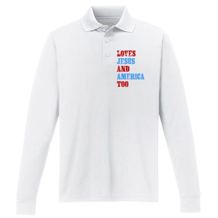 Retro Loves Jesus And America Too God Christian 4th Of July Performance Long Sleeve Polo