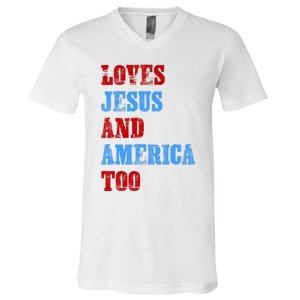 Retro Loves Jesus And America Too God Christian 4th Of July V-Neck T-Shirt