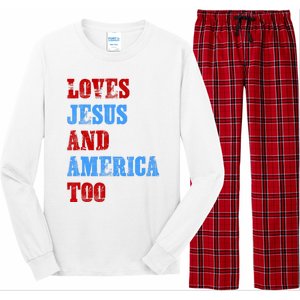 Retro Loves Jesus And America Too God Christian 4th Of July Long Sleeve Pajama Set