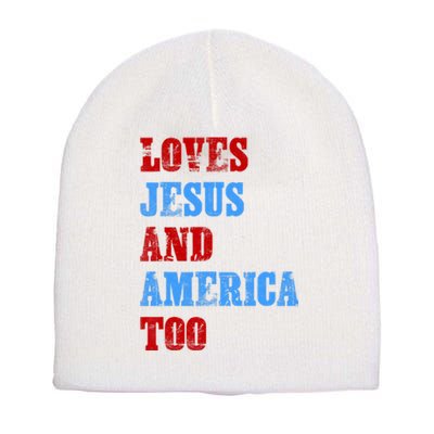 Retro Loves Jesus And America Too God Christian 4th Of July Short Acrylic Beanie