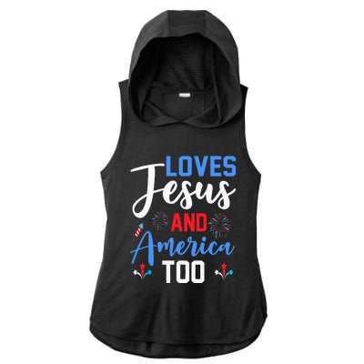 Retro Loves Jesus and America Too God Christian 4th of July Ladies PosiCharge Tri-Blend Wicking Draft Hoodie Tank