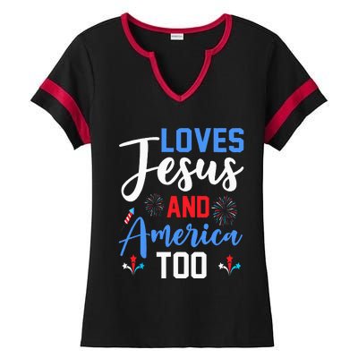 Retro Loves Jesus and America Too God Christian 4th of July Ladies Halftime Notch Neck Tee