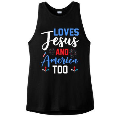 Retro Loves Jesus and America Too God Christian 4th of July Ladies PosiCharge Tri-Blend Wicking Tank