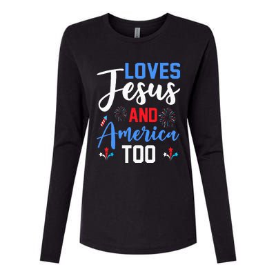 Retro Loves Jesus and America Too God Christian 4th of July Womens Cotton Relaxed Long Sleeve T-Shirt