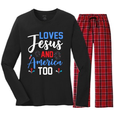 Retro Loves Jesus and America Too God Christian 4th of July Women's Long Sleeve Flannel Pajama Set 