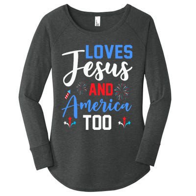 Retro Loves Jesus and America Too God Christian 4th of July Women's Perfect Tri Tunic Long Sleeve Shirt